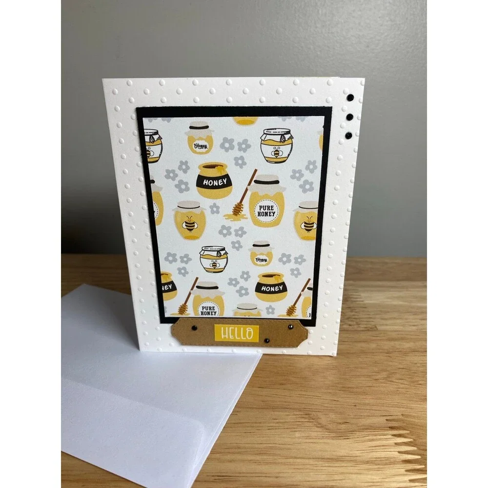 Bee & Honey Hello Greeting Card – Handmade A2 Card – All Occasion Blank Card